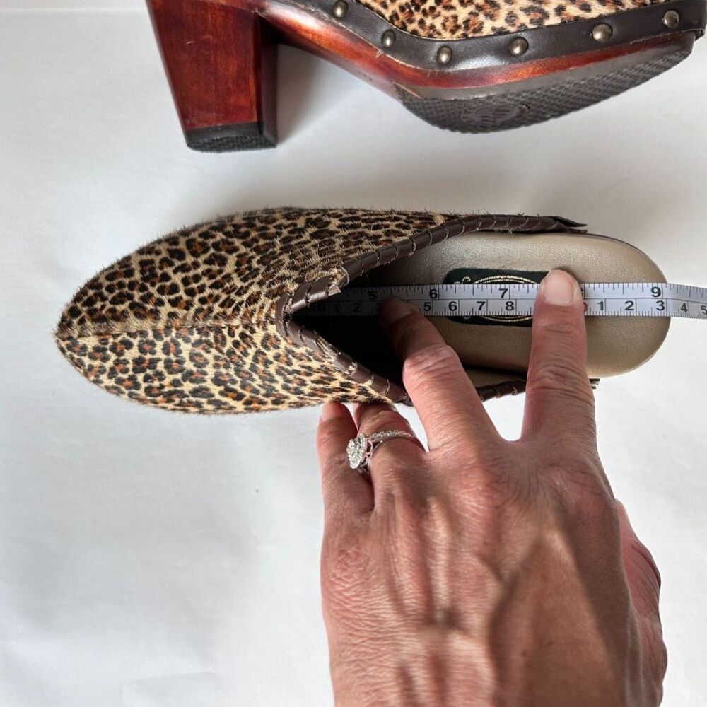SALPY Studded Hand-Crafted Wooden Platform Leather Leopard Hair Clogs Mules - Picture 7 of 9